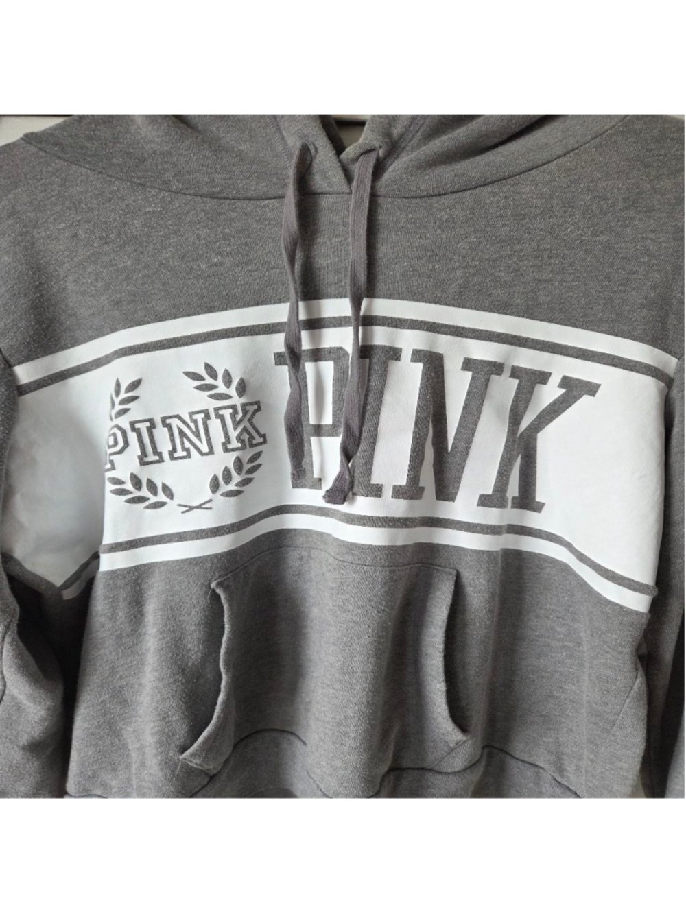 Women's PINK Victoria's Secret Gray & White Hoodie, Size L - Picture 2 of 14